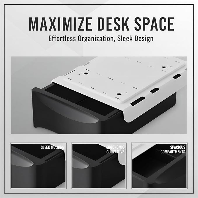 Invisible Under Desk Drawer Organizer, Large Capacity PET Hanging Container, Smooth Pull Out Design, No Drill Installation with Self Tapping Screws, 8.9 x 7.5 x 2.6 in, Black