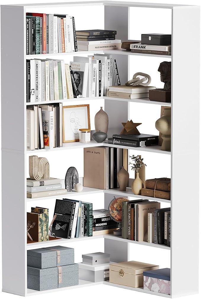 Corner Bookshelf, Freestanding L Shaped Display Shelf, 6 Tiers Bookcase with Baffles, Wooden Bookcase with Storage Organizer for Home Office, Living Room, Bedroom (23.6")