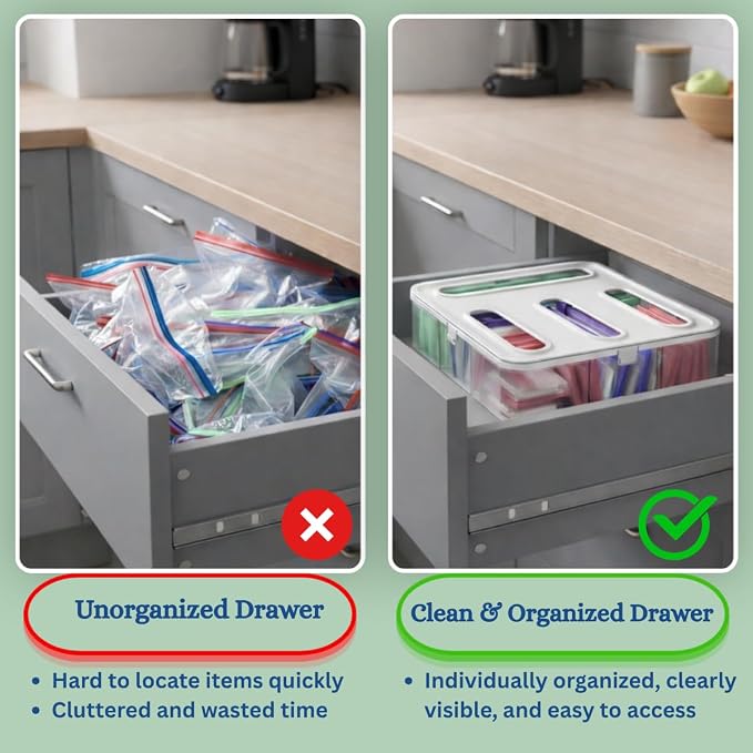 Food Storage Bag Organizer – 4-in-1 Plastic Baggie Organizer for Drawer | Fits Sandwich, Snack, Gallon, Quart & Slider Bags | Kitchen Storage Organizer | Wall & Drawer Mount