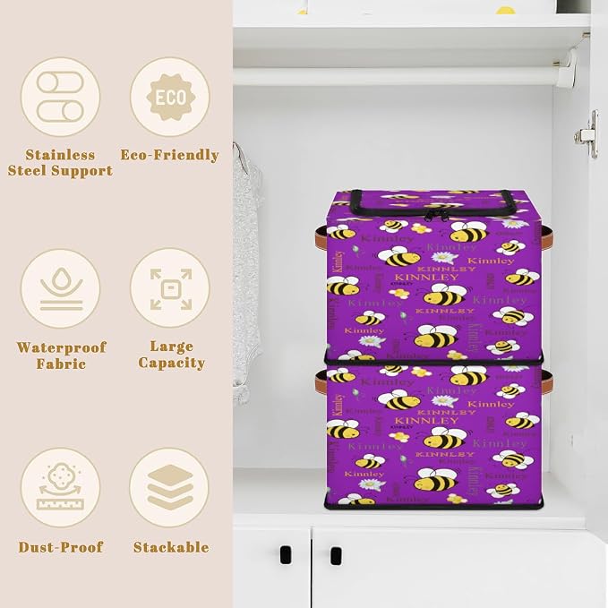 Custom Storage Baskets for Kids with Name, Dark Violet Purple Large Organizer Collapsible Storage Bin with Zipper Lid Leather Handle for Home Toys Closet Nursery, Bee with Daisy Floral