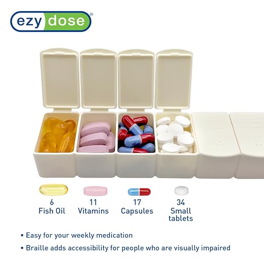 Ezy Dose Weekly (7-Day) Pill Organizer, Large Medicine Planner, Cream | Compact Daily Vitamin & Supplement Medicine Case, Pop Up Compartments, Embossed Matte Design, Travel-Friendly, BPA-Free