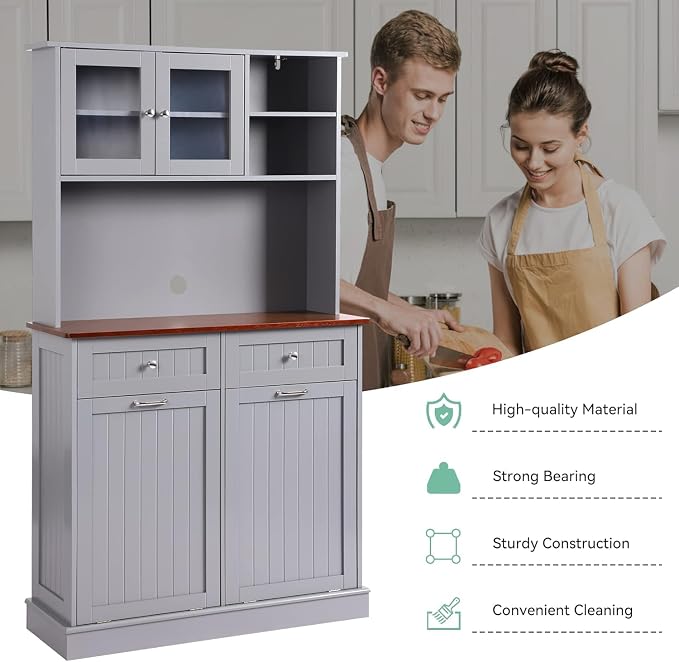 68.4" Kitchen Pantry Storage Cabinet, Freestanding Cupboard with Shelf, 2 Drawers and 2 Tilt Out Trash Cabinet, Tall Cabinets for Kitchen, Dinning Room, Living Room (Elegant Grey, Double Tilt)