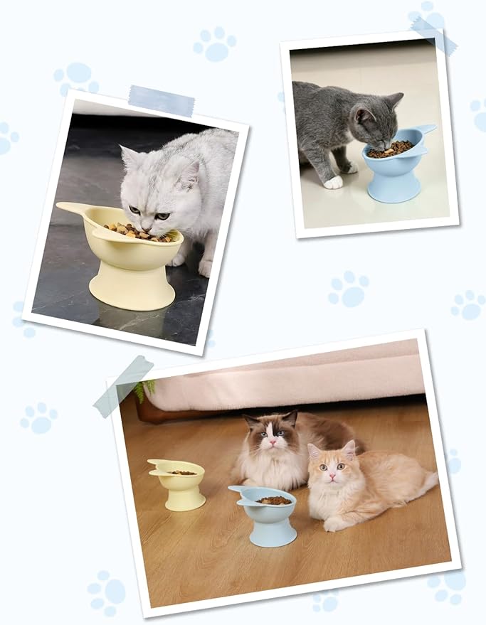 YINEYA Elevated Cat Bowls 2 Pcs, Cat Food Bowl to Protect Neck & Anti-Vomit, Whisker-Friendly Raised Food and Water Bowls Set for Indoor Cats/Small Dogs, Cute Pet Feeding Bowl 6 OZ Each, Yellow & Blue