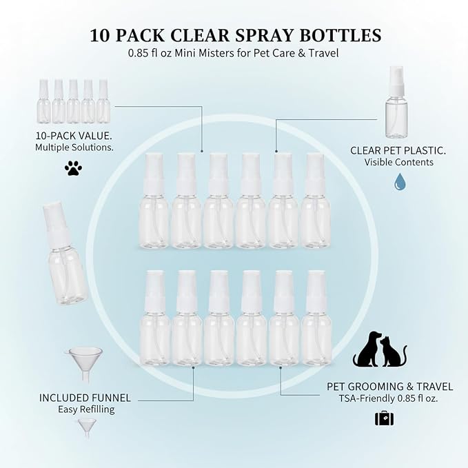 10-Pack Clear Mini Spray Bottles, 0.85 oz PET Plastic Travel Misters with Funnel for Toiletries and Household Use