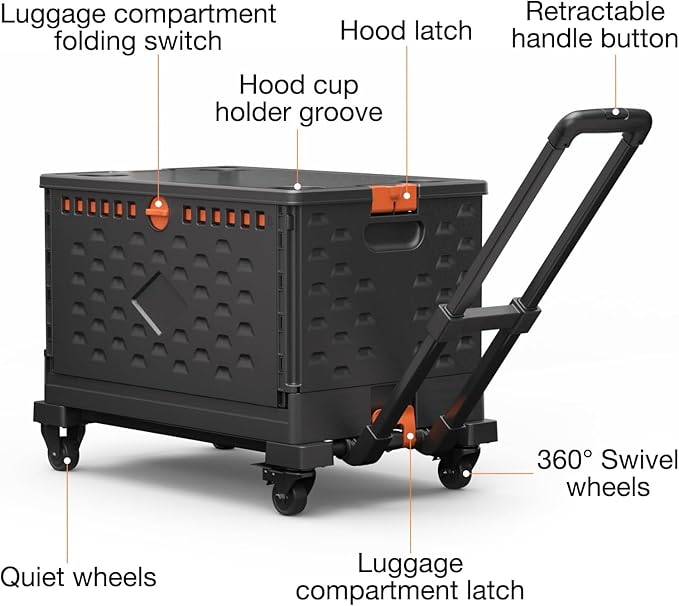Foldable Utility Cart Collapsible Crate Rolling Carts with Wheels, Hand Truck Storage Box with Telescoping Handle, Folding Shopping cart with Wheels for Office Shopping Camping Travel Moving