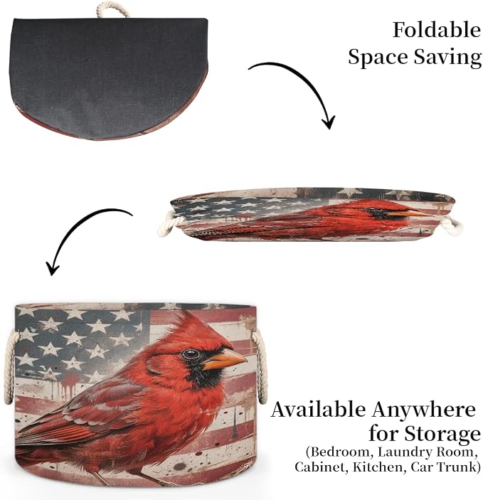 Large Storage Baskets - Red Cardinal American Flag Nursery Organizer Bin Box with Handles Collapsible Round Laundry Hamper for Kids Toys Pet Blanket, Bedroom Living Room Home Decor Gift Basket