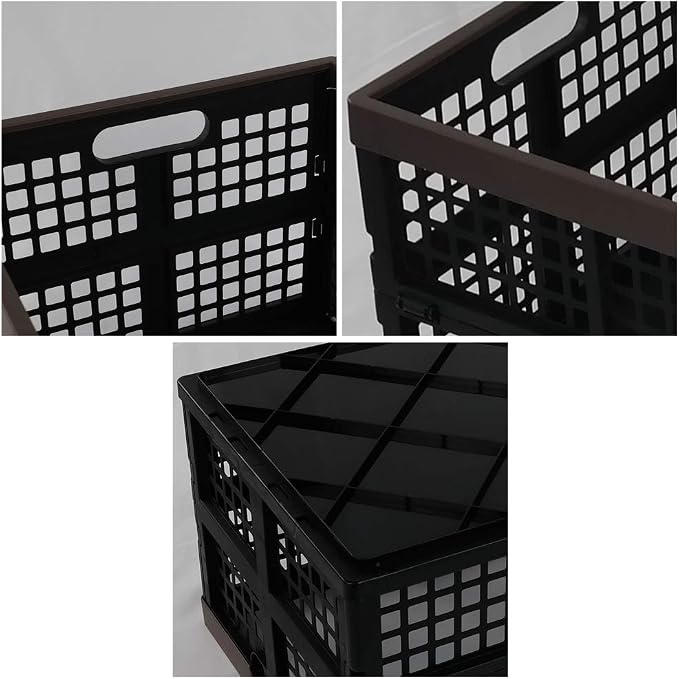 2-Pack 42 L Plastic Staking Folding Storage Basket Crates, Balck | Extra large plastic crate storage, fold flat when not in use, perfect for home, office, and garage organization