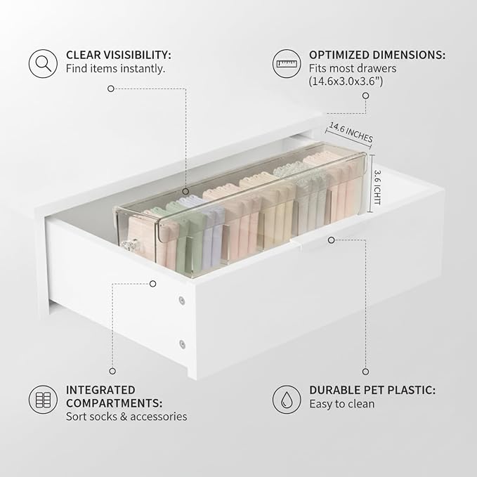 Clear PET Plastic Drawer Organizer for Socks & Accessories, Transparent Storage Box with Compartments, 14.6 x 3.0 x 3.6 Inches