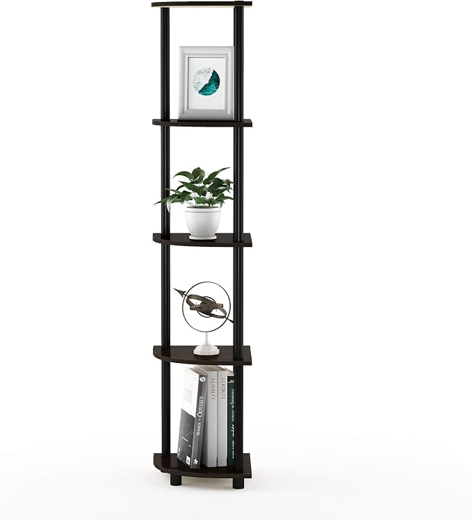 Furinno TURN-N-TUBE Corner Shelf, 5-Tier Corner Bookshelf, Open Storage Shelves, for Organization and Storage, Living Room, Home Office, Garage, Bedroom, Dark Brown Grain