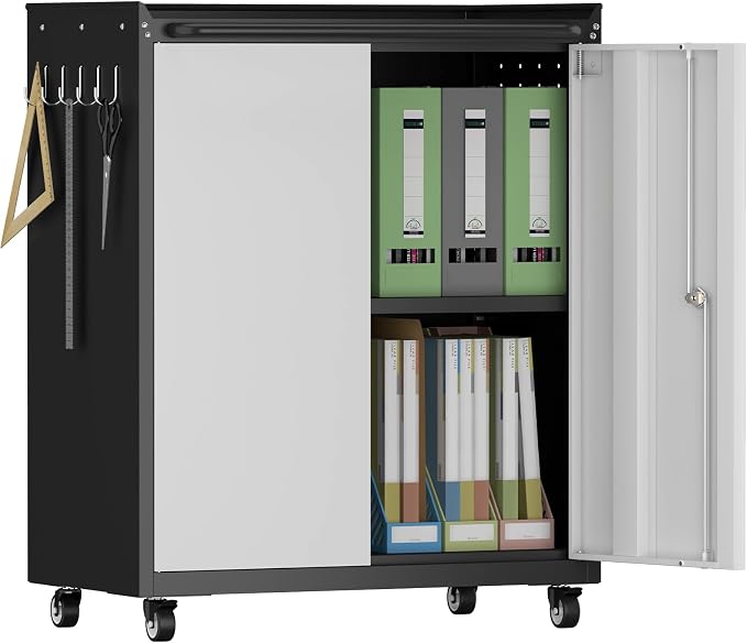 32''H Metal Storage Cabinet with Wheels, Garage Tool Storage Cabinets with Lock, Lockable Steel Rolling Tool Chest with Doors & Adjustable Shelves for Garage, Home, Office