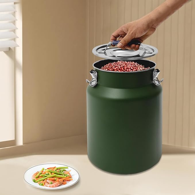 12L Stainless Steel Rice Storage Container with Airtight Lid&Handle, Green | Secure 3-Buckle Locking Lid, Portable Handle and Wide Opening, Stores Rice, Flour, Pet Food, Tea, Oil, Milk, Grains