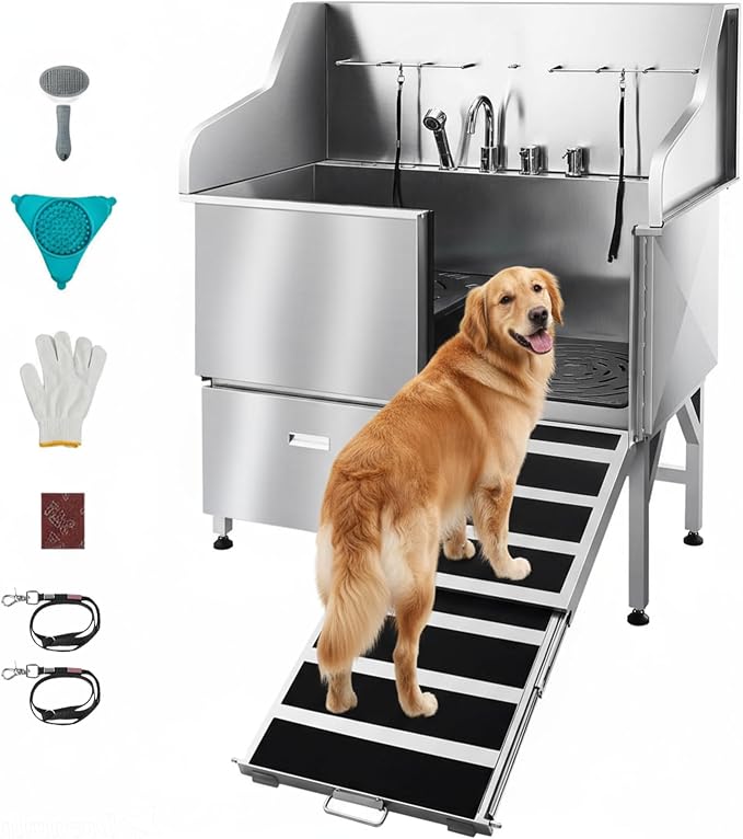 VEVOR Professional 304 Stainless Steel Dog Bathing Station, 50 inch Pet Grooming Tub w/Anti-Slip ramp, Storage Drawer, Cold Hot Faucet Showerhead, for Large & Medium & Small (Right Door, with Drawer)
