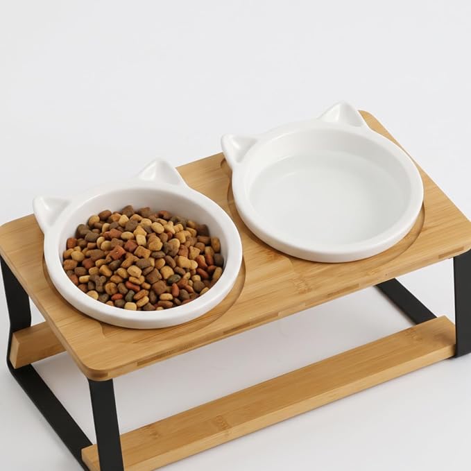 Cat Bowl Stand Elevated Feeder Raised Holder Double Dish Organizer Bamboo Wood and Iron Slanted Design with Stable Base Suitable for Cats and Small