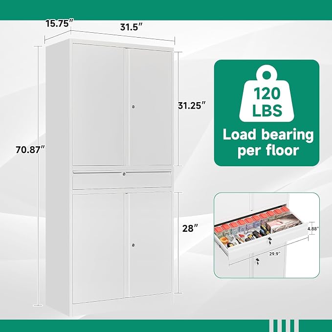Metal Garage Storage Cabinet with Drawer,4 Door Tool Cabinet with Lock-2 Adjustable Shelves for Garage Home Office Utility Room (White)