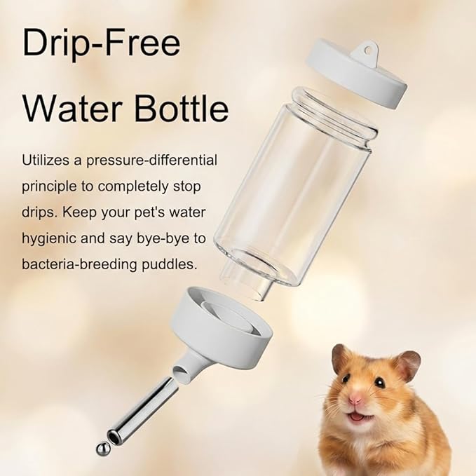 No Drip Hamster Water Bottle, 2 in 1 Automatic Hamster Water Dispenser & Food Bowl, Freestanding Small Animal Water Bottle Cage Accessories for Dwarf Hamster, Gerbil, Rat, Mice (Yellow)