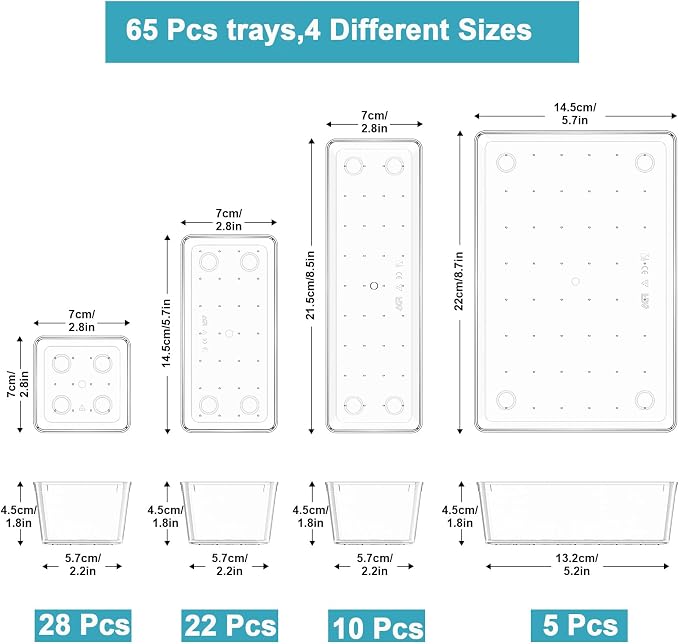 Manalete 65 Pcs Clear Plastic Drawer Organizer, Makeup & Vanity Organizer | 4-Size Versatile Desk Organizer & Storage Bins for Kitchen, Bathroom, Office, Jewelries, Easy Clean, Stackable, BPA-Free