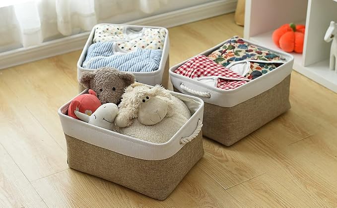 Storage Basket for Organizing - 16x12x8 inch Large 3 Pack Collapsible Storage Bin for Shelves with Handles, Fabric Storage Cubes for Organizer Cloth Gift Toy Closet (Whiet & Khaki)