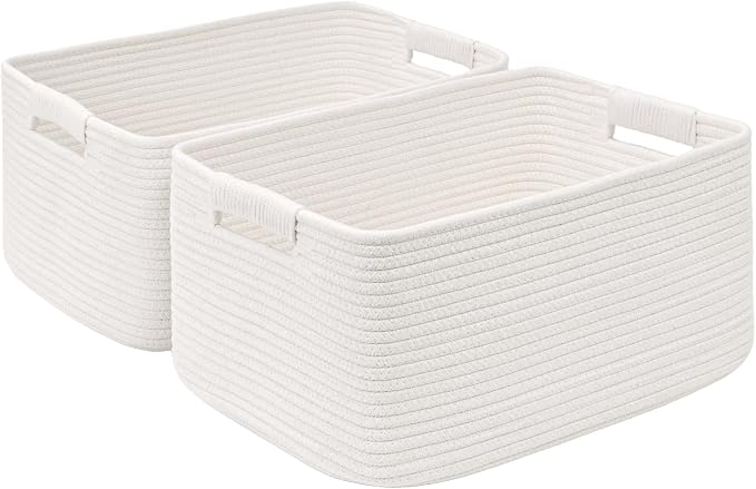 2 Pack Large Storage Basket for Organizing, 17.5"x13"x7" Woven Basket for Shelves, Closet Cube Storage Bins with Wrapped Handle, Cotton Rope Baskets for Kitchen, Clothes, Toys(Off White)