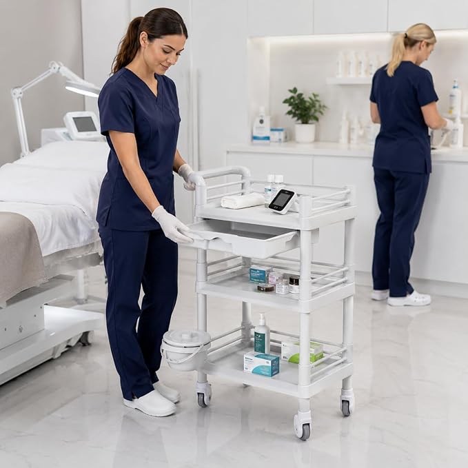 Rolling Utility Cart,Qiwey Utility Cart with Big Drawer,3-Tier Esthetician Cart with Wheels for Beauty Salon SPA Commercial Hospital Office Lab Cart White