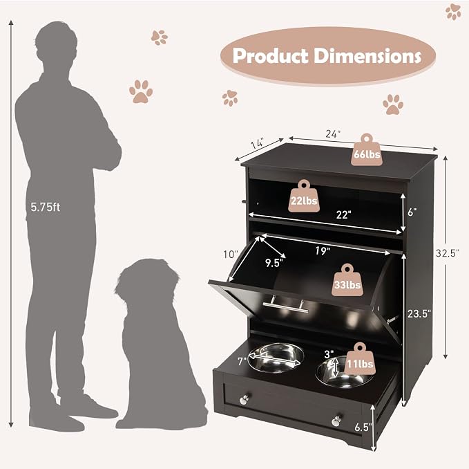 Dog Food Cabinet Feeding Station with 2 Raised Bowls, Pull Out Elevated Dog Bowl, Storage, 3 Hangers, Pet Feeder Toy Leashes Organizer, Brown