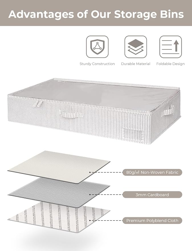StorageWorks 7 Inch Low Profile Under Bed Storage Containers with Clear Lid | Reinforced Structure, Resists Sagging, Handles & Label Holder, Foldable Stackable Closet Storage for Clothes, Blankets, Toys