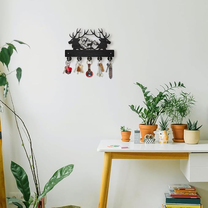 MAYJOYDIY Deer Mountain Forest Coat Hooks Wall Mounted 11.8×7.9inch Black Wooden Deer Key Holder for Wall 5 Alloy Hooks Wall Art Decor Deer Hangers for Towel Key Kitchen Bedroom Entryway Gifts