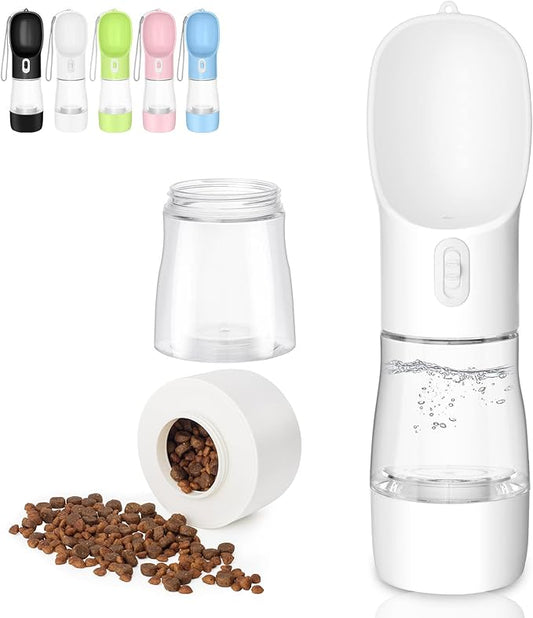 Portable Dog Water Bottle - Leak Proof Dog Water Dispenser with Bowl & Food Container, Dishwasher Safe Food Grade Plastic for Pet Puppy Outdoor Walking Hiking Travel White