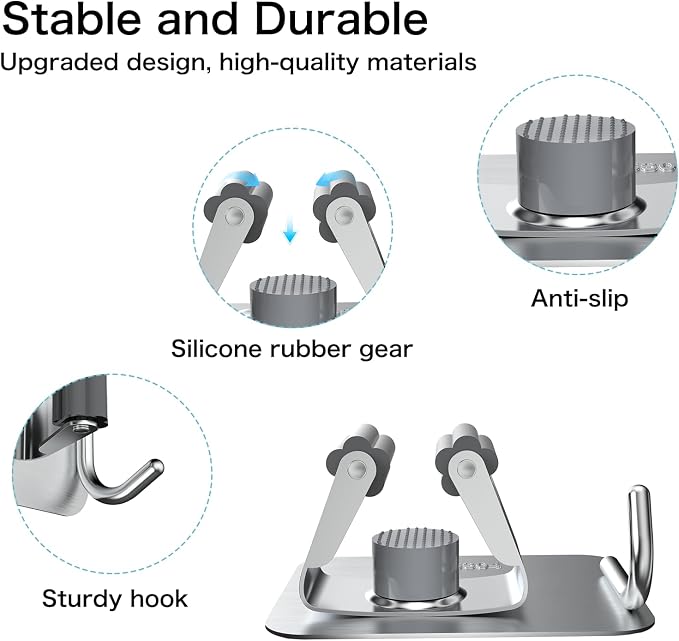 nacena 4 Pack No Drill Self Adhesive Broom Mop Holder Wall Mount with Hooks, Heavy Duty Stainless Steel Organizer for Kitchen Bathroom Garage Storage,Silver