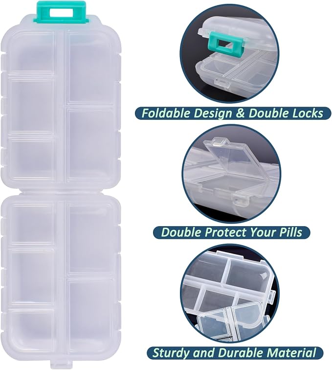 2 Pack Pill Organizer Travel Case - 10 Compartments Weekly Daily Medicine Container with 330 Labels, Double Lock Design, Portable for Purse/Car/Office (White & Grey)