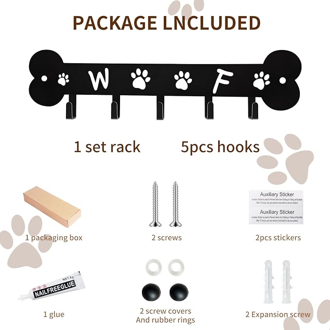Dog Leash Holder for Wall Key Hooks Decorative, 5 Hooks 11×2.75 inch for Wall Decorative Animal Storage Rack Adhesive, Black Key Holder wall Mount for Entrance Living Room Kitchen-Dog Lovers Gifts