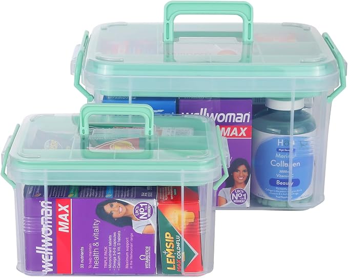 HEY FOLY Set of 2 Medicine Organizer Storage Box with Tray, 15qt+5qt Green Plastic First Aid Box Empty, Thickened Medicine Container Chest, Multipurpose Medical Case with Labels, Green Medicine Caddy