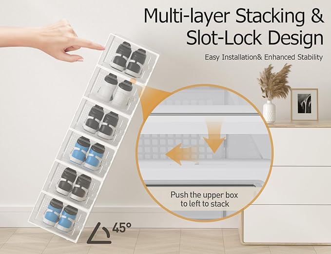 Kuject XX-Large Shoe Storage Boxes 12 Pack, Clear Stackable Shoe Organizer | Shoe Case for Closet, Entryway & Under-Bed Storage, Drop-Front Design, Space-Saving Solution for Family Organization,White