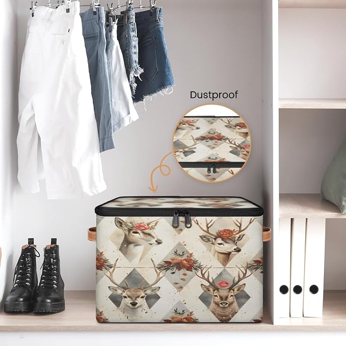 Deer Flower Storage Box with Zipper Lid