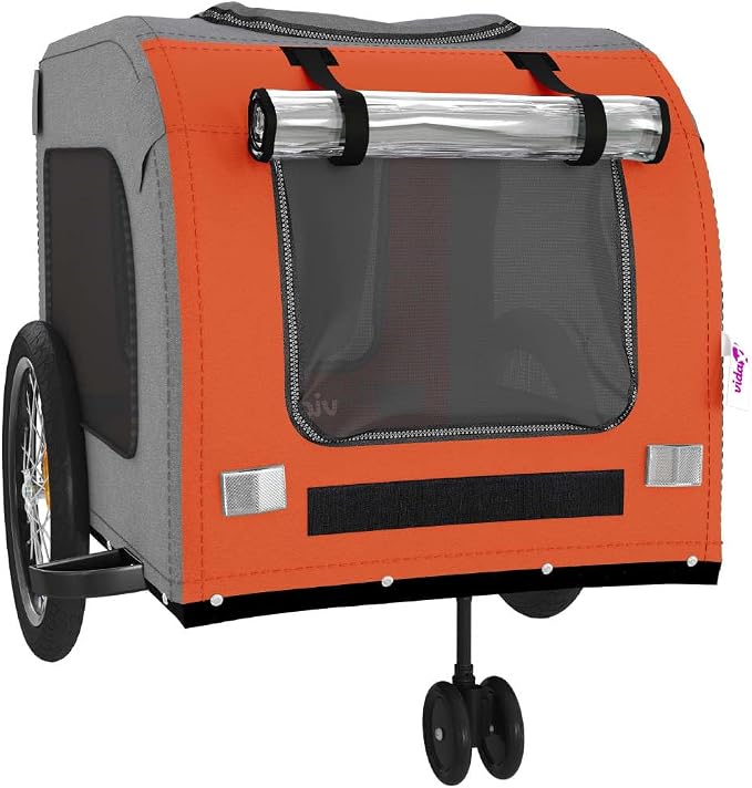 Pet Bike Trailer Orange and Gray Oxford Fabric Dog Bicycle Trailer with Iron Frame, 3-Wheel Pet Cargo Carrier for Small Dogs and Groceries, Includes Safety Flag and Reflectors