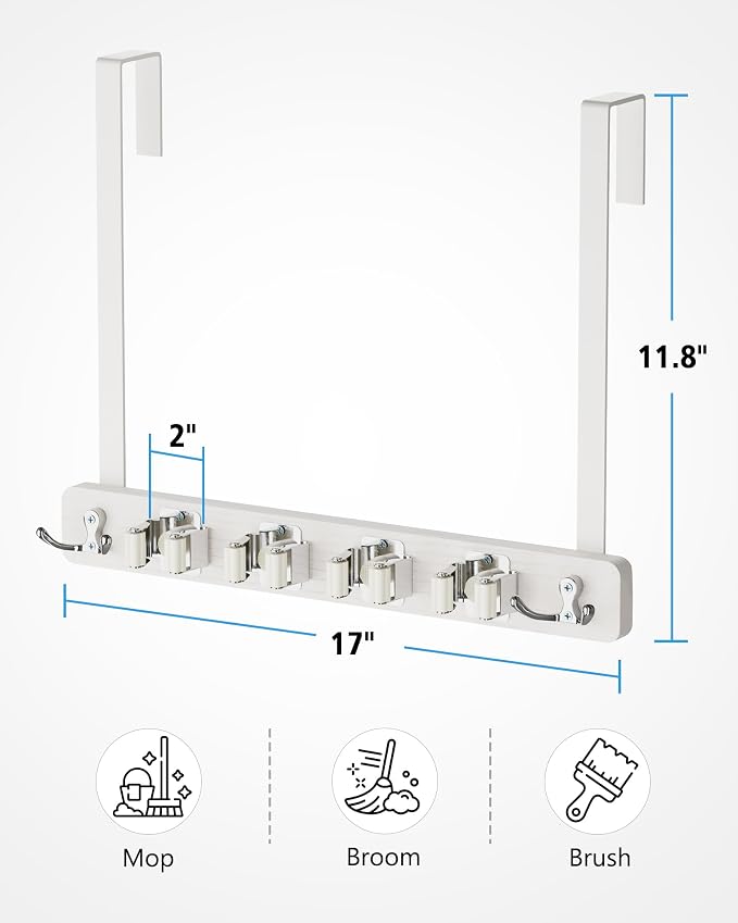 BS-VOG Over the Door Broom and Mop Holder, Broom Hanger, 4 Slots & 4 Hooks | No Drilling Required, Wood and Metal Build, EVA Door Protection Pads, Secure Grip Slots, Closet Garage Laundry Use, White