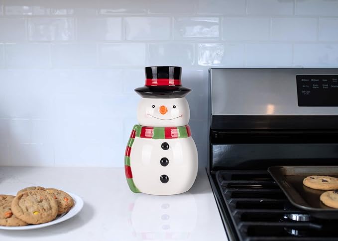 Dolomite Ceramic 11 x 6.5 Christmas Cookie & Candy Jar with Airtight Lid: Perfect for Kitchen Canisters, Pet Treat Containers & Decorative Holiday Storage, Snowman Striped Scarf & Top Hat