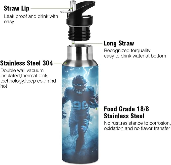 American Football Player Lightning Water Bottle with Straw Lid Kids Insulated Stainless Steel Water Flask Sports, 20 Oz Hot Cold