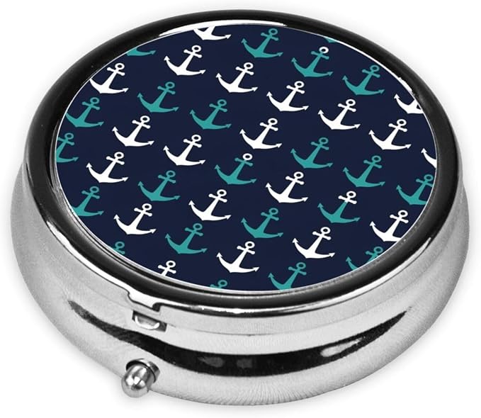 Mini Pill Dispenser, New Nautical Anchor Pattern Navy Blue Teal Round Sturdy Case, Travel Organizer for Supplements, Pocket Purse Container for Business Trips