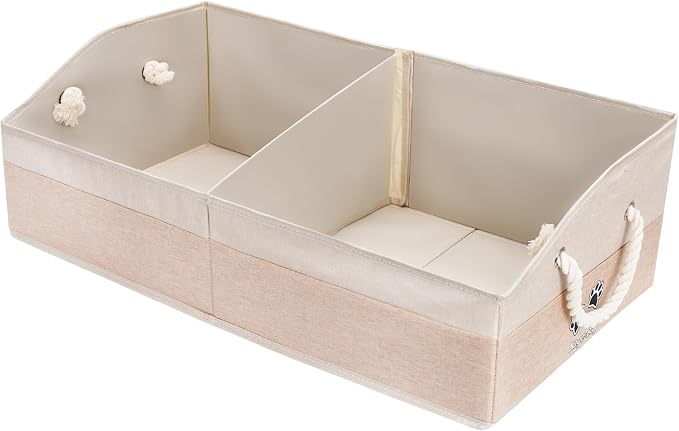Large Dog Toy Basket with Handle, Foldable Dog Toy Box for Living Room Area , 28.5" Basket for Dog's Supplies, Organizer and Storage with Hard Board, Anti-Slip for Pet Toys (Beige, Large 28.5"×15")