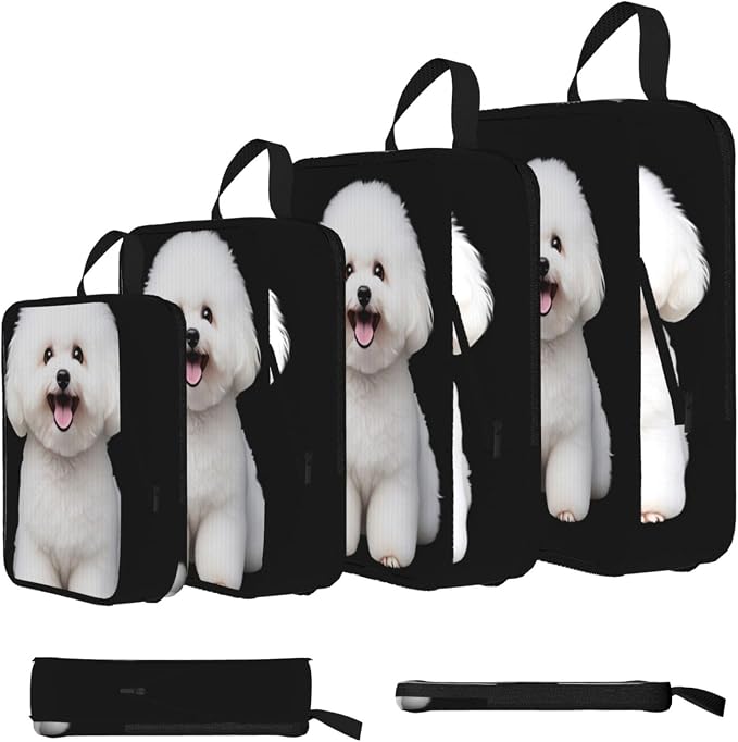 Bichon Frise Puppy Compression Packing Cubes Set Of 4, Lightweight Expandable Travel Organizer Bags With Double Zipper For Vacation Business