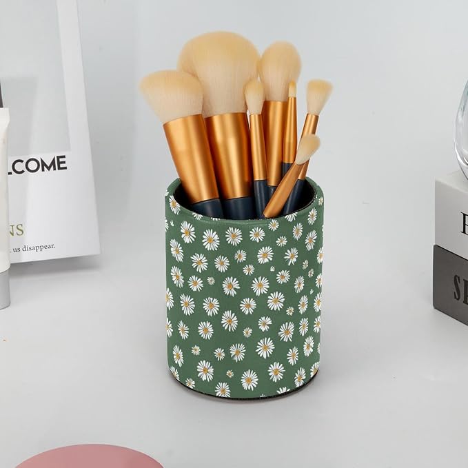 Faux Leather Pen Holder for Desk, Pencil Organizer Daisy Pen Cup Desk Decor Makeup Brush Holder Storage for Office Home