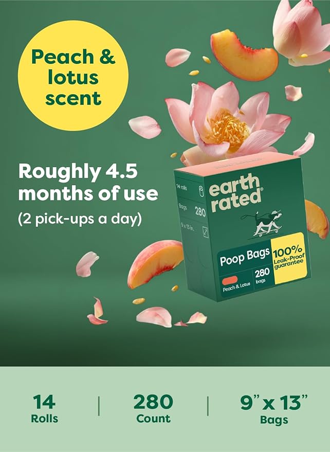 Earth Rated Dog Poop Bags on Refill Rolls, 280 Bags, Peach & Lotus | Guaranteed Leak Proof and Extra Thick Waste Bag Refill Rolls