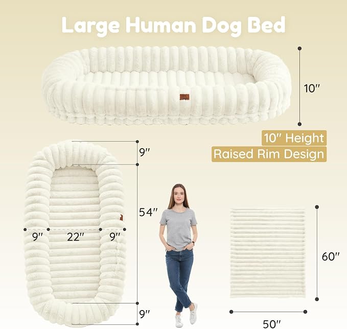 ChiXnuggle Orthopedic Human Dog Bed,Striped Faux Fur Washable Cover,Blanket | cream,72*40*10,giant dog bed for adult or extra large dogs,egg crate foam,non-slip bottom