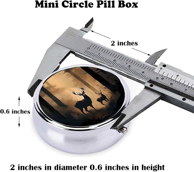 Pill Box, Small Pill Organizer with 3 Compartments and Mirror, Cute Round Portable Travel Metal Pill Case for Pocket or Purse, Privacy-Protecting Medicine Box-Jungle Forest Deer