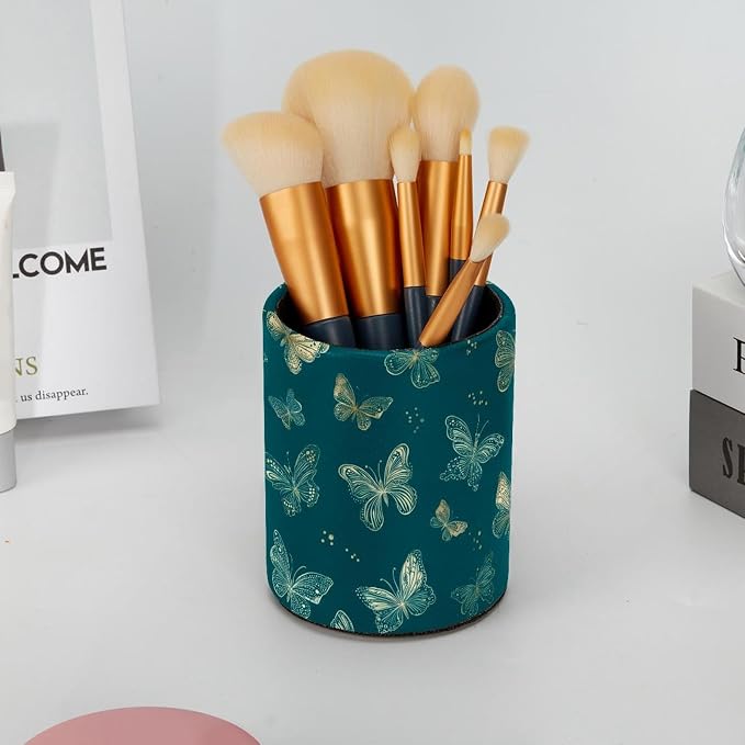 Faux Leather Pen Holder for Desk, Pencil Organizer Flying Butterflies Pen Cup Desk Decor Makeup Brush Holder Storage for Office Home