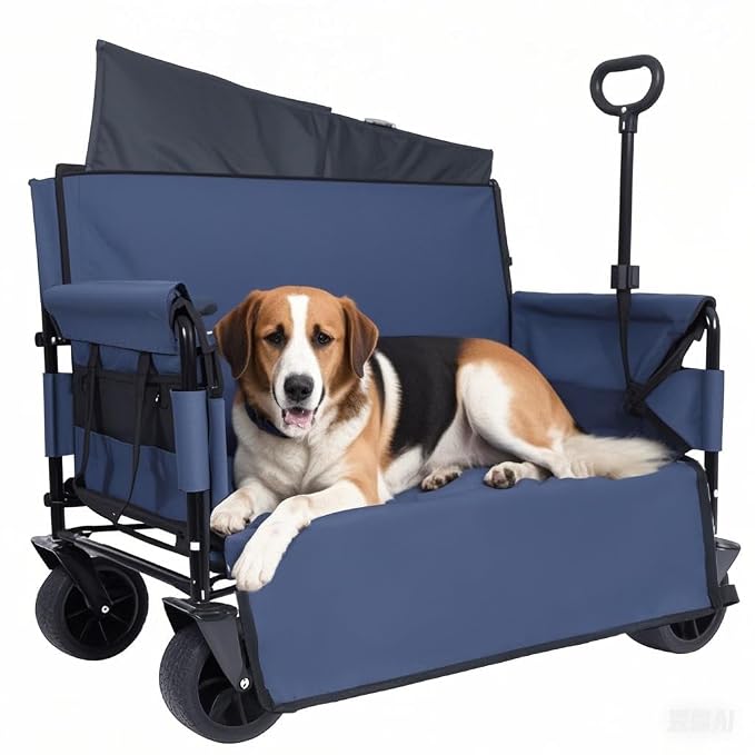 3-in-1 Pet Wagon Stroller with Bench Seat & Storage – Portable Travel Carrier for Dogs & Cats, 500Lbs Heavy-Duty Foldable Cart with All-Terrain Wheels for Camping, Park & Outdoor Use (Blue)
