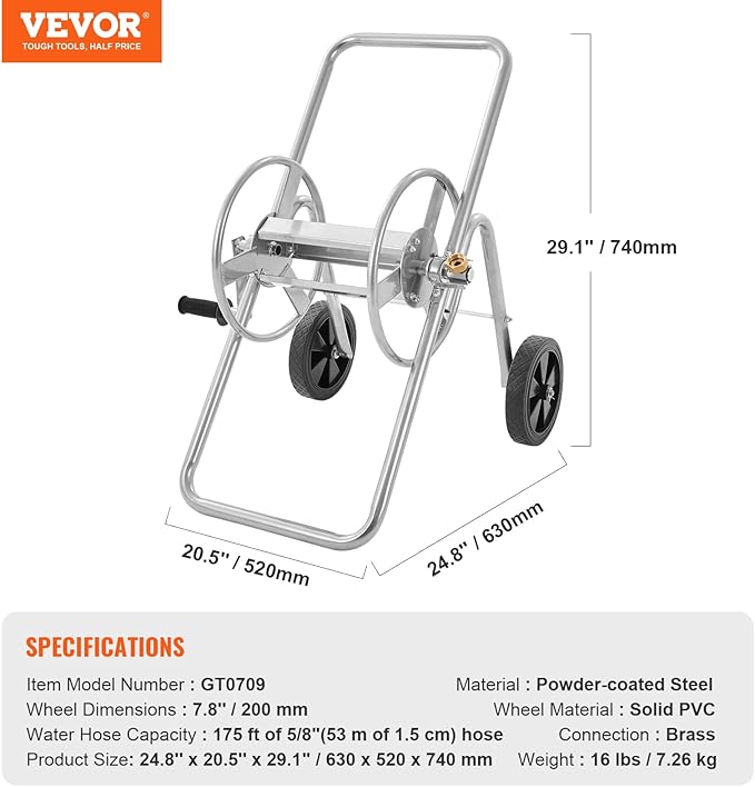 VEVOR Hose Reel Cart, Hold Up to 175 ft of 5/8’’ Hose (Hose Not Included), Garden Water Hose Carts Mobile Tools with Wheels, Heavy Duty Powder-Coated Steel Outdoor Planting for Garden, Yard, Lawn | for Garden, Yard, Lawn, Mobile Tools with Wheels, Heav...