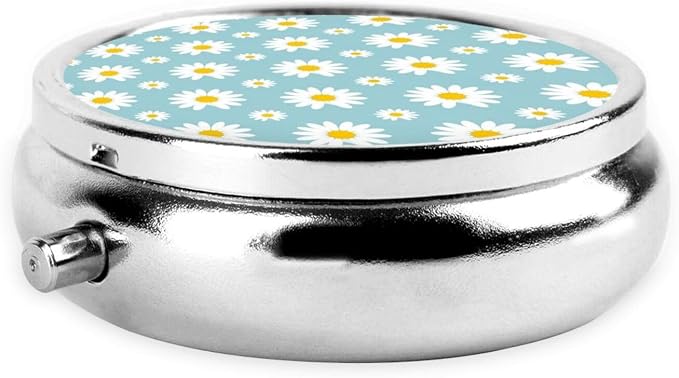 Travel Pill Organizer, Small Round Case with Mirror, Portable Pill Box for Fish Oil Vitamins, Pocket Purse Carry for Commuters, Floral Daisy Flowers Purple