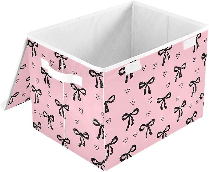 Bow Love Storage Bins with Lids Closet Bedroom 40L Fabric Bin | Decorative Storage Boxes, Foldable & Stackable, Dust-Proof Flip Top, Reinforced Handles, For Home & Dorm, Clothes & Toy Box