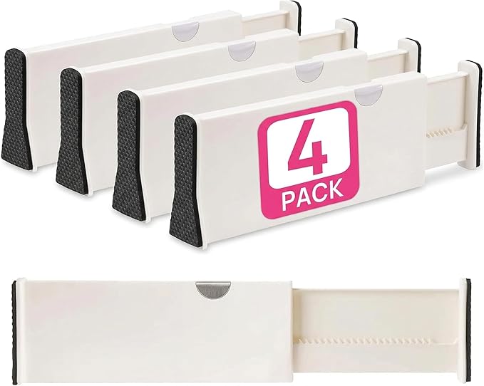 4 Adjustable Drawer Dividers, Organize Silverware and Utensils in Home Kitchen, Divider for Clothes in Bedroom Dresser, Designed to Not Snag Underwear and Bra Fabrics, Bathroom Storage Organizers